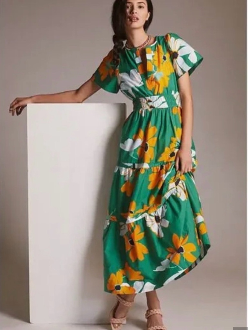 Anthropologie - Maeve Green Maxi Dress with Yellow & White Floral Pattern